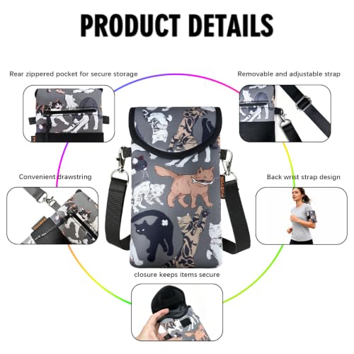 Neoprene Phone Sleeve Pouch Case Bag for Men Women w/Crossbody Strap/Neck Lanyard for iPhone 17/16/15/14 Pro Max, Samsung S25，Pixel 10 - color: Gray-bottomed Cat