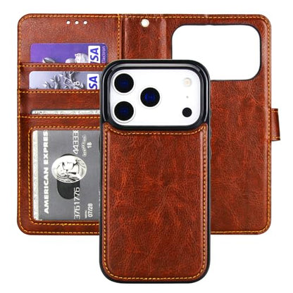 Bocasal Detachable Wallet Case Card Holder for iPhone 17 Pro, Brown | RFID Blocking Kickstand Card Slots Holder PU Leather Magnetic Shockproof Wrist Strap Removable Flip Protective Cover 6.3 inch - color: Brown