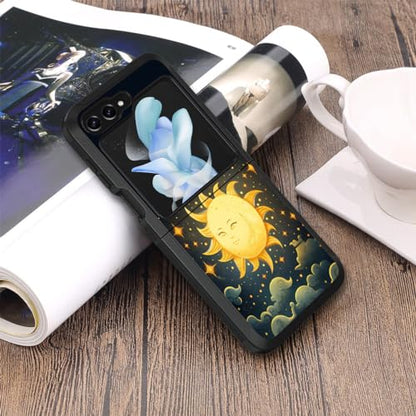 for Galaxy Z Flip 5 Case, Heavy Duty Dual Layer Hybrid Military Grade Shockproof Drop Folding Protective Cover for Samsung Galaxy Z Flip 5 5G 2023, Celestial Theme Sun and Smiley Face - color: Celestial Theme Sun and Smiley Face