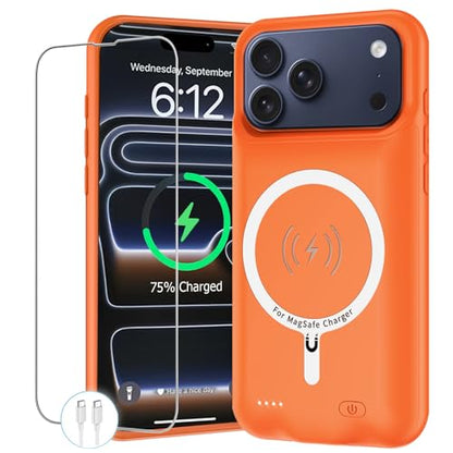Battery Case for iPhone 17 Pro, 10000mAh Protective Charging Case with Wireless Charging Compatible with iPhone 17 Pro (6.3 inch) Rechargeable Extended Battery Pack Charger Case with Carplay (Orange) - size: iPhone 17 Pro Orange - 10000mAh