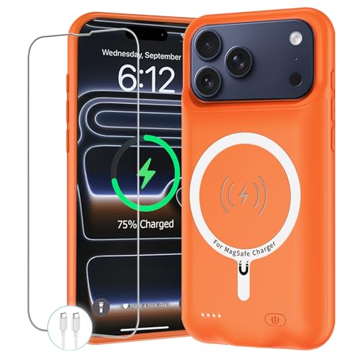 Battery Case for iPhone 17 Pro, 10000mAh Protective Charging Case with Wireless Charging Compatible with iPhone 17 Pro (6.3 inch) Rechargeable Extended Battery Pack Charger Case with Carplay (Orange) - size: iPhone 17 Pro Orange - 10000mAh