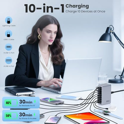 345W USB C Charger 10 in 1 Retractable Wall Charger with 2 Cables,GaN 6 USB C Charging Station Phone Charging PD Laptop Charger Adapter for MacBook Pro/Air,DELL,iPhone17/16/15,Galaxy S24,Android etc - color: Sliver, size: 345W