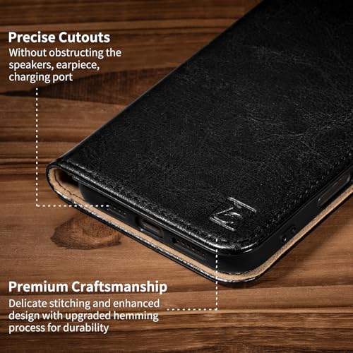Belemay Leather Wallet Case Compatible with iPhone 17, Premium Cowhide Leather Two-Tone Effect, RFID Blocking Card Holders, Shockproof TPU Shell, Kickstand, Protective Flip Cover, 6.3", Black - color: Black, size: iPhone 17