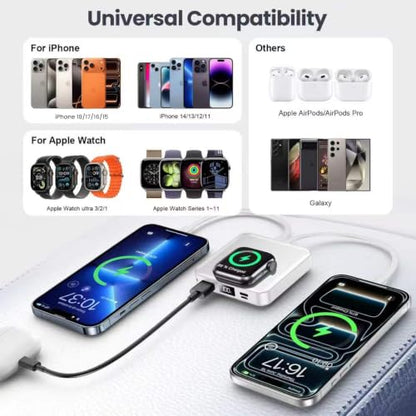 Mini Portable Charger for iWatch 12000mAh, Power Bank with Built-in Cables - color: Matte White