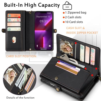 for Wallet Case Compatible with iPhone 13 Pro Max,Multi-Function Detachable 2 in 1 Magnetic iPhone 13 Pro Max Case Wallet,Flip Strap Zipper Card Holder Phone Case with Shoulder Straps (Black) - color: Black, size: iPhone 13 pro max