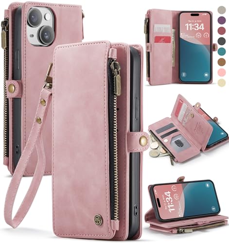 Defencase for iPhone 13 Wallet Case with RFID Blocking Card Holder, Pink | Durable Soft PU Leather, with Zipper Pocket, Wrist Strap, Fashion Snap Flip Phone Cases Cover with Stand for Women and Men - color: Rose Pink