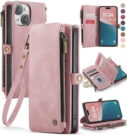 Defencase for iPhone 14 Wallet Case with RFID Blocking Card Holder, Pink | Durable Soft PU Leather, with Zipper Pocket, Wrist Strap, Fashion Snap Flip Phone Cases Cover with Stand for Women and Men - color: Rose Pink