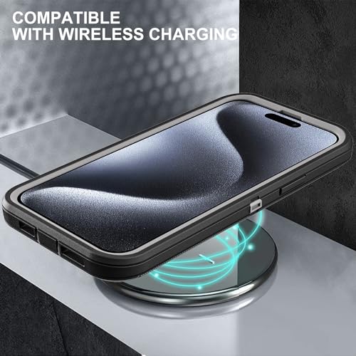 YKHJKLEC for iPhone 15 Pro Case, Military Grade 3 in 1 Heavy Duty Shockproof/Drop Proof/Dust Proof Case with 2Pcs Tempered Glass Screen Protector (Black/Grey) - color: Black/Grey