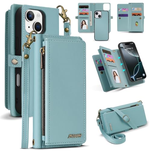 for iPhone 15 Wallet Case, Detachable Magnetic Shockproof Phone Case,Faux Leather Crossbody Wallet,with RFID Blocking，Zipper Card Holder，Shoulder Strap (Blue) - color: Blue, size: iPhone 15