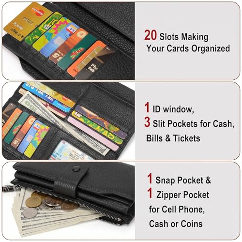 YALUXE Women's Real Leather Wallet RFID Protect 21 Card Slots Phone Pocket - color: 9- Pebbled Black, size: Genuine Leather