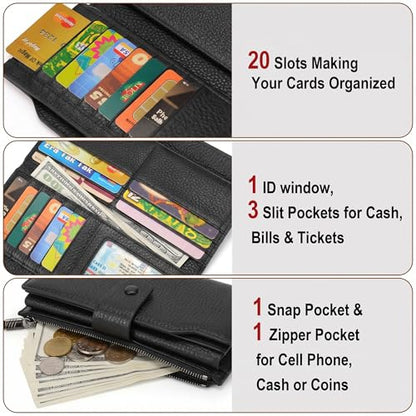 YALUXE Women's Real Leather Wallet RFID Protect 21 Card Slots Phone Pocket - color: 9- Pebbled Black, size: Genuine Leather