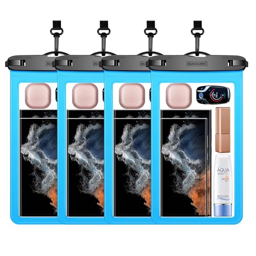 4 Pack 10.5“ Large Waterproof Phone Pouch - Underwater Clear Cell Holder - Universal Water Proof Dry Bag with Neck Lanyard for iPhone 16 Pro Max Samsung Galaxy with Heavy Case for Beach Swimming Pool - color: 4 Blue