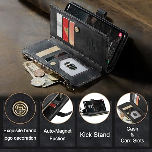 Samsung Galaxy S24 5G Wallet Case with Card Holder Kickstand Magnetic Zipper Pocket Lanyard Strap Wristlet,Leather Flip Case Wallet for Samsung Galaxy S24 5G 6.2 Inch(Black) - color: Black, size: S24 5G 6.2 Inch