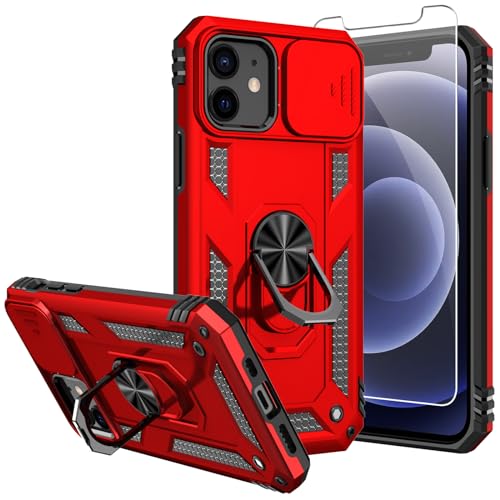 for iPhone 12/ iPhone 12 Pro Case with Camera Lens Cover, Red | HD Screen Protector, 16 FT Military Grade Drop Protection, Magnetic Kickstand Rugged Shockproof Protective Cove - color: Red