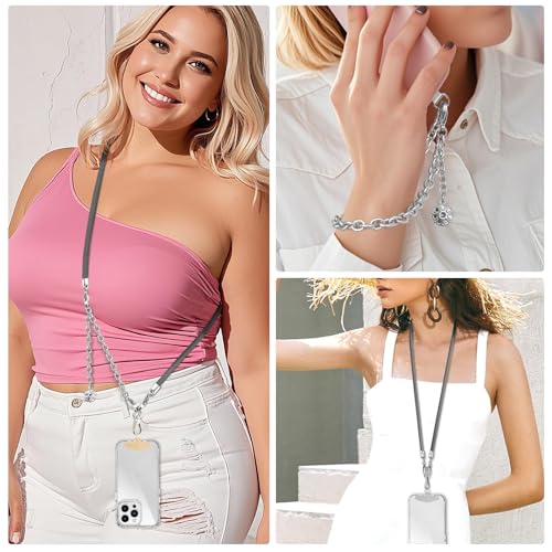 ROCONTRIP 2 In 1 Cell Phone Lanyard Crossbody Chain And Phone Wrist Strap Set Adjustable Phone Lanyard Chain Fit iPhone 16 With Metal Phone Tether Tab Detachable And Neck Strap - color: Darkgrey+silver
