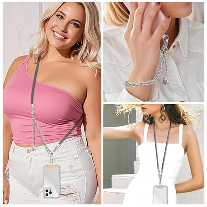 ROCONTRIP 2 In 1 Cell Phone Lanyard Crossbody Chain And Phone Wrist Strap Set Adjustable Phone Lanyard Chain Fit iPhone 16 With Metal Phone Tether Tab Detachable And Neck Strap - color: Darkgrey+silver