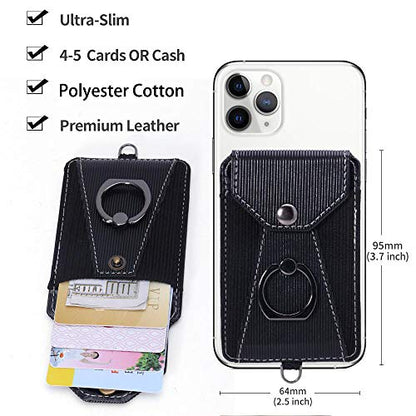 Cell Phone Card Holder,Card Holder for Back of Cell Phone with Ring Grip Stand,Adhesive Stick-on Credit Card Wallet Pocket with Detachable Neck Strap Black