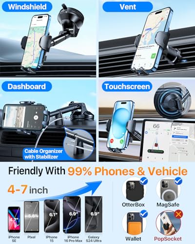 YRU【True Military-Grade Safety & Patent Certs】360°Rotation Car Phone Holder【100+LBS Strong Suction & Clip】Windshield Dash Vent Cell Phone Mount Cradle for iPhone17 16 Pro Max Truck Samsung,Matte Black - color: Matte Black