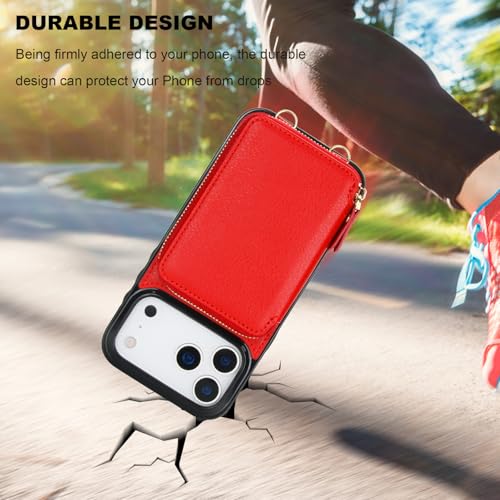Bocasal Multi-Slot Crossbody Wallet Case for iPhone 17 Pro Max, Red | RFID Blocking PU Leather Purse Case with Card Holder, Handbag Flip Cover with Zipper Wrist Strap Lanyard for Women 6.9 Inch - color: Red