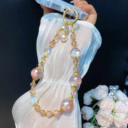 Sparkling Pink Phone Charm, Beaded Phone Wrist Strap for Women - color: Pink Crystal