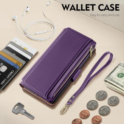 Antsturdy for iPhone 16 Pro Max Phone Wallet Case Women,Purple | RFID Blocking,with Credit Card Holder Slots,PU Leather Purse,Zipper Pocket,Wrist Strap Kickstand,Flip Folio Cover for Men - color: Purple