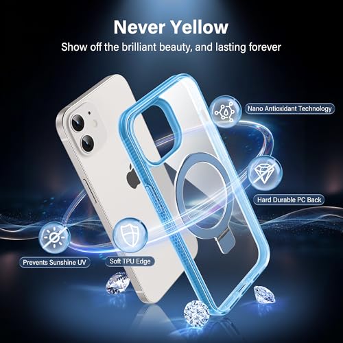 Magnetic Case for iPhone 12/12 Pro - [Built-in Invisible Stand] [Compatible with MagSafe] [Military Grade Drop Protection] Anti-Yellowing Hard Back Silicone Edge Cover, 6.1", Clear Blue - color: Clear Blue, size: iPhone 12/12 Pro 6.1''