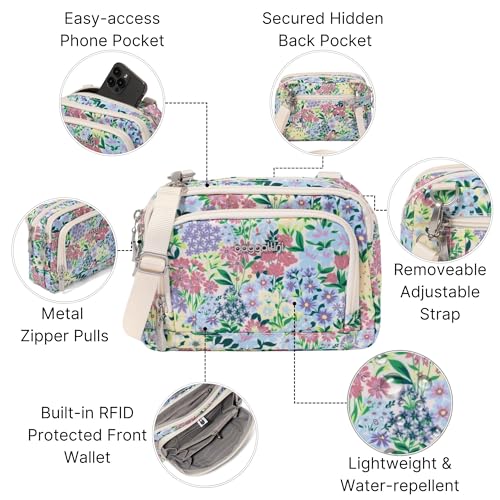 Baggallini Triple Zip with Front Wallet/Trifecta RFID Wallet Crossbody - color: Meadow Print