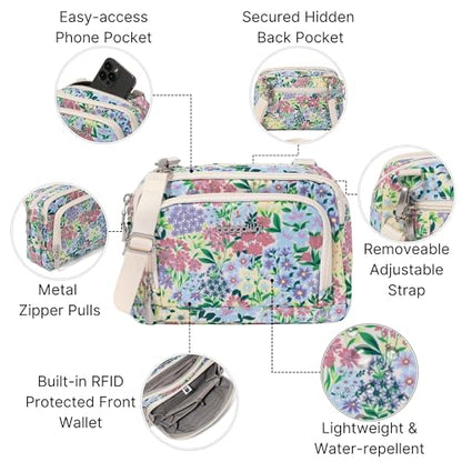 Baggallini Triple Zip with Front Wallet/Trifecta RFID Wallet Crossbody - color: Meadow Print