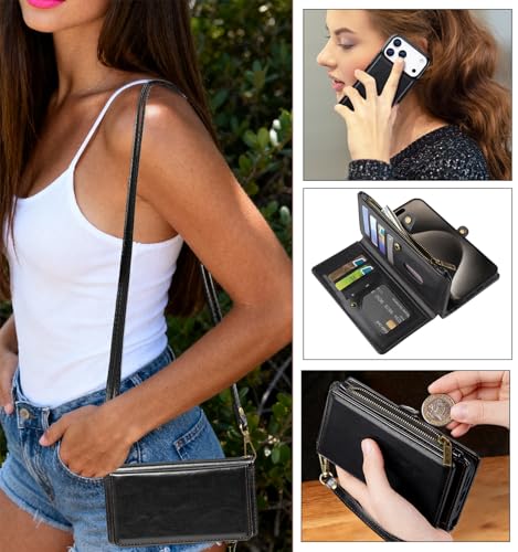 for iPhone 17 Pro Wallet Case, [Compatible with Magsafe] [Magnetic Detachable] [RFID Blocking] PU Leather Case with Card Holder & Crossbody Strap for Women Men, Black - color: Black