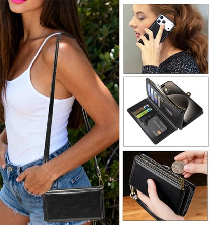 for iPhone 17 Pro Wallet Case, [Compatible with Magsafe] [Magnetic Detachable] [RFID Blocking] PU Leather Case with Card Holder & Crossbody Strap for Women Men, Black - color: Black