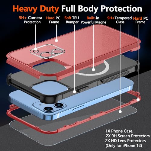 Diverbox for iPhone 12 case,iPhone 12 Magnetic case [with Screen Protector and Camera Lens Protector ] 2 Pack [15 FT Military Grade Drop Protection] Heavy Duty Shockproof Phone Case (Red) - color: Magnetic Red