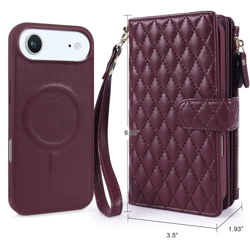 for iPhone 17 AIR Case Wallet,Compatible with MagSafe 2 in 1 Magnetic Detachable PU Leather RFID Blocking Wallet Cover Card Holder Zipper Wrist Strap Lanyard,Quilted Wine Red - color: Quilted Wine Red, size: iPhone 17 AIR