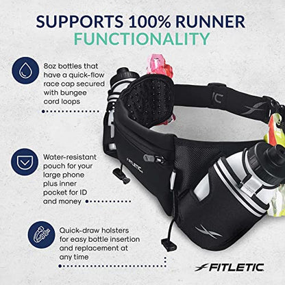 Fitletic Hydration Running Belt with Water Bottles for Men & Women – 2 Quick Flow 8oz Running Water Bottles, Patented Bounce Free Design, Water Resistant Pouch Fits All Phones – Hydra 16 - size: S/M (24"-34"), style: Black