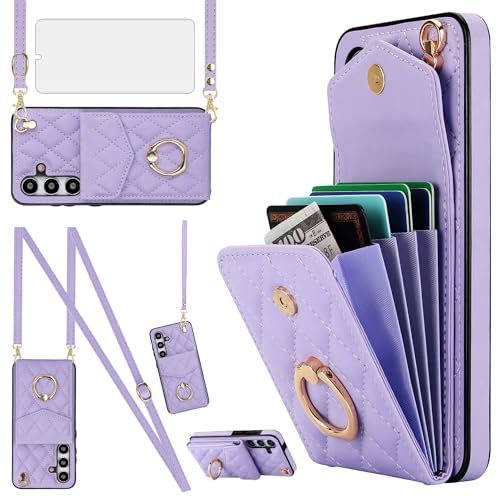 Asuwish Phone Case for Samsung Galaxy S24 5G Wallet Cover with Tempered Glass Screen Protector and Crossbody Wrist Strap Ring Stand RFID Blocking Credit Card Holder Cell S 24 24S G5 Women Girls Purple - color: Purple