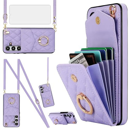 Asuwish Phone Case for Samsung Galaxy S24 5G Wallet Cover with Tempered Glass Screen Protector and Crossbody Wrist Strap Ring Stand RFID Blocking Credit Card Holder Cell S 24 24S G5 Women Girls Purple - color: Purple