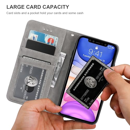 Bocasal Detachable Wallet Case Card Holder for iPhone 11, Grey | Kickstand Card Slots Holder PU Leather Magnetic Shockproof Wrist Strap Removable Flip Protective Cover 6.1 inch - color: Gray