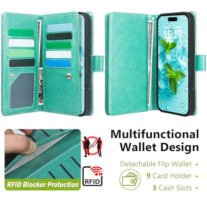 Varikke for iPhone 16 Glitter Case Wallet Magnetic Detachable, Mint Green - color: (Standard) Mint, size: iPhone 16 6.1"