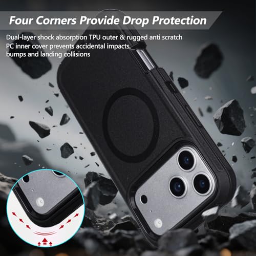 Defender for iPhone 17 Pro Max Magnetic Case with Belt Clip Holster, Black | Compatible with MagSafe, Heavy Duty Drop Protection, Rugged Durable Protective Case for iPhone 17 Pro Max with Kickstand - color: Black
