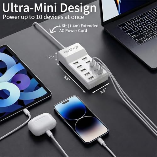 10-Port USB Charging Station, 50W 10A Desktop Charger with 5 A-to-C Cables