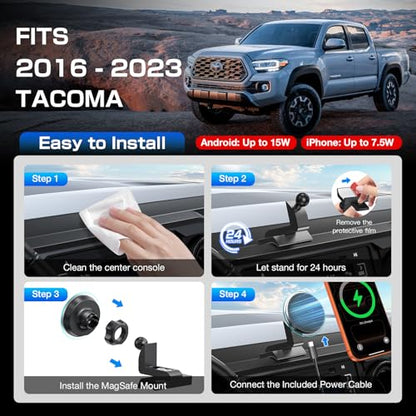 Magnetic Phone Mount with 15W Fast Charging for Toyota Tacoma 2016–2023, 22 Strong Magnets, Rock-Solid Hold on Rough Roads - style: Magnetic Charging