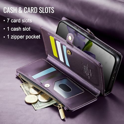 Defencase for Samsung Galaxy S25 Wallet Case with RFID Card Holder, Purple | Durable Soft PU Leather, with Zipper Pocket, Wrist Strap, Fashion Snap Flip S25 Phone Cases Cover with Stand for Women Men - color: Aesthetic Purple