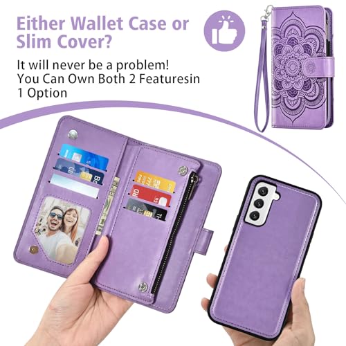 Asuwish Phone Case for Samsung Galaxy S22 5G Zipper Wallet Detachable Cell Cover with Tempered Glass Screen Protector Crossbody Strap Flower Card Holder Slot S 22 22S 4G G5 6.1 inch Women Girls Purple - color: Purple