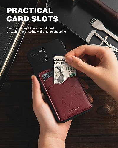 VULKIT Stick on Card Holder Compatible for iphone Leather Cell Phone Wallet Credit Card Case Strong Sticker for Women - color: Wine