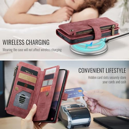 Compatible with Samsung Galaxy S26 Ultra Wallet Case with Card Holder Kickstand Magnetic Zipper Pocket Lanyard Strap Wristlet,Leather Flip Case Wallet for Galaxy S26 Ultra 6.9 Inch (Red) - color: Red, size: S26 Ultra 6.9 Inch