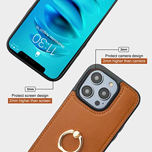 Folosu Compatible with iPhone 14 Pro Case Wallet with Card Holder, 360°Rotation Finger Ring Holder Kickstand, RFID Blocking Leather Protective Double Buttons Shockproof Cover 6.1 Inch Brown - color: Brown, size: iPhone 14 Pro