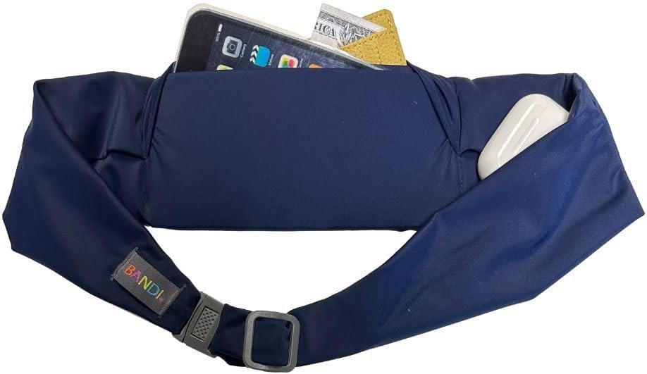 BANDI Running Belt for Women & Men – USA Made No-Bounce Adjustable Waist Pack & Secure Fanny Pack – Fits All Phones, Gels & Essentials – Zipper-Free, Medical Device Friendly - color: Navy Blue