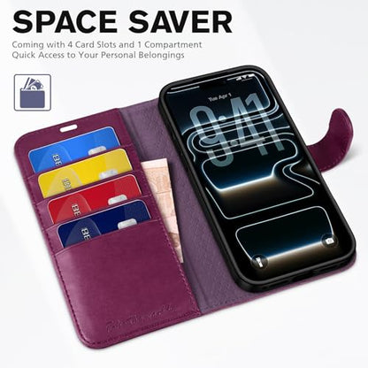 TUCCH Wallet Case for iPhone 17 Pro (6.3") 2025, 4 Card Slots, Plum Purple | RFID Blocking, Viewing Stand, Shockproof TPU Shell, PU Leather, Magnetic Closure, Protective Folio Flip Cover - color: Plum Purple