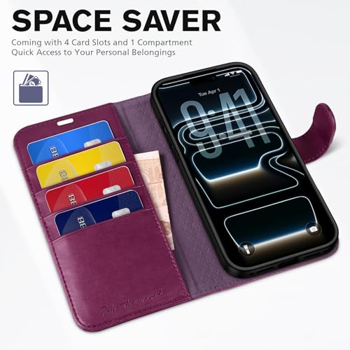 TUCCH Wallet Case for iPhone 17 Pro (6.3") 2025, 4 Card Slots, Plum Purple | RFID Blocking, Viewing Stand, Shockproof TPU Shell, PU Leather, Magnetic Closure, Protective Folio Flip Cover - color: Plum Purple