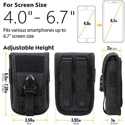 WYNEX Tactical Phone Pouch Molle, Phone Blet Holder Fit 4.0-6.7" Screen | Cellphone Holster with 2 compartmen & Card Organizer, Include Tactical Gear Clip, 1000D Nylon - color: Black