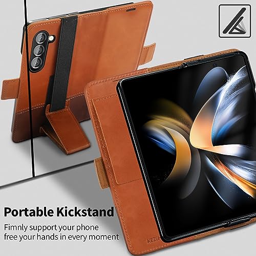 KEZiHOME Genuine Leather Wallet Case for Samsung Galaxy Z Fold 6 - color: Khaki Brown, size: Galaxy Z Fold 6 Case